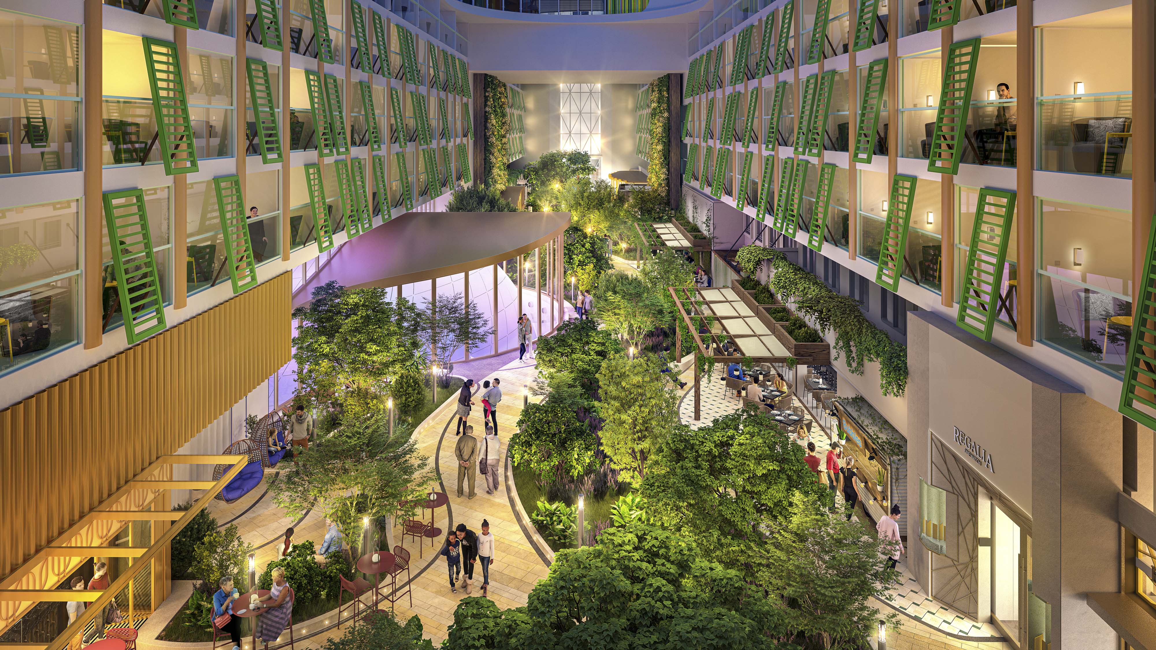 El barco cuenta con su propia zona verde, con miles de plantas reales, restaurantes y música en directo.